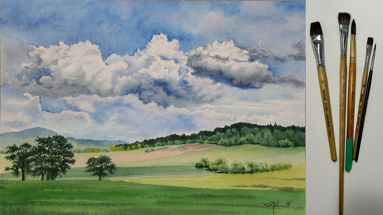 Watercolor Clouds, Trees, Meadow Landscape Painting