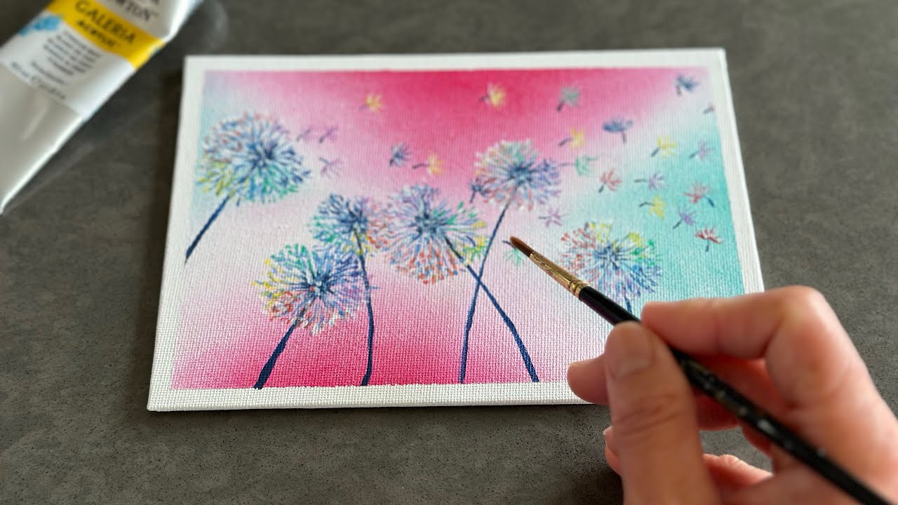 Rainbow painting/ Dandelion pappus/ Acrylic painting idea for beginners