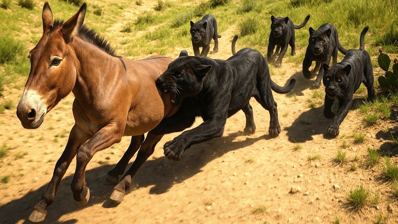 Andalusian Horse Is Being Chased by a Hungry Black Jaguar