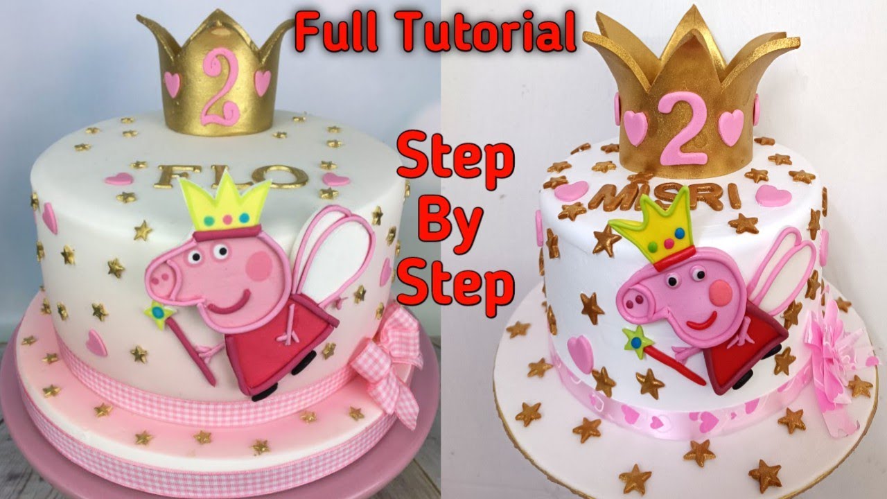 A Peppa Pig Birthday Cake With White Icing And Gold Stars With Gold Crown On Top | Peppa Pig Cake