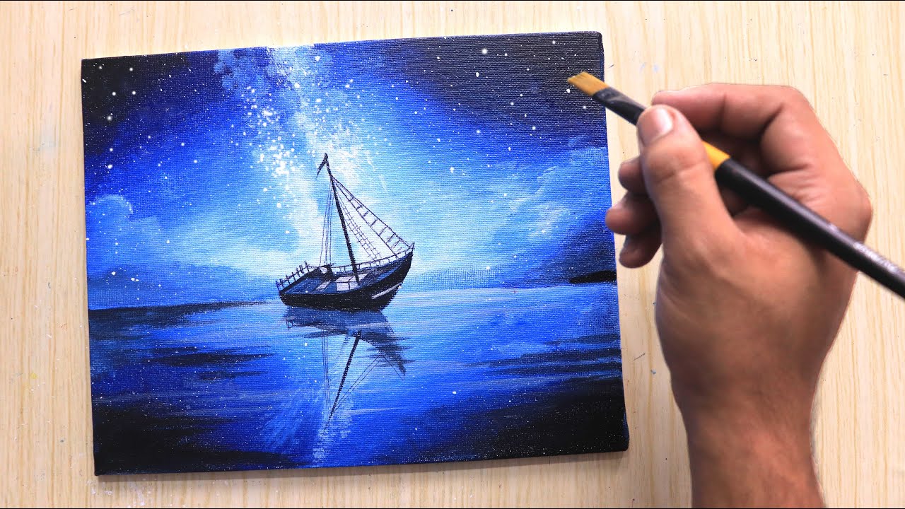 Acrylic painting of Moonlight night sky with a lonely Boat