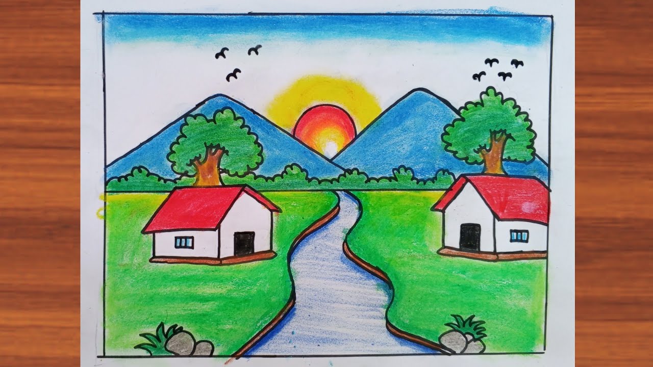 Simple scenery drawing for kids 😙 How to draw scenery of village / easy art #drawing @EasyDrawing24 