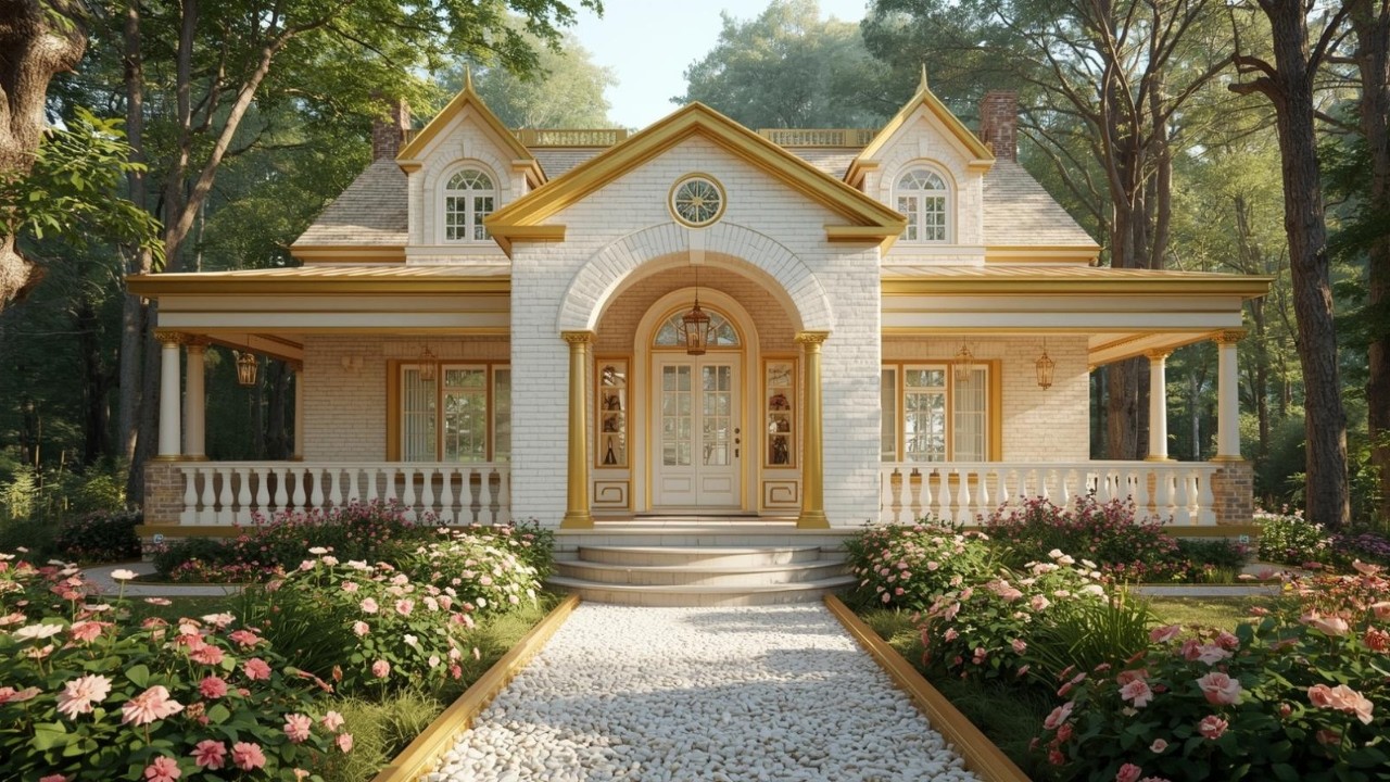 Ultra Luxury White & Gold Cottage Tour | Modern House Front Elevation