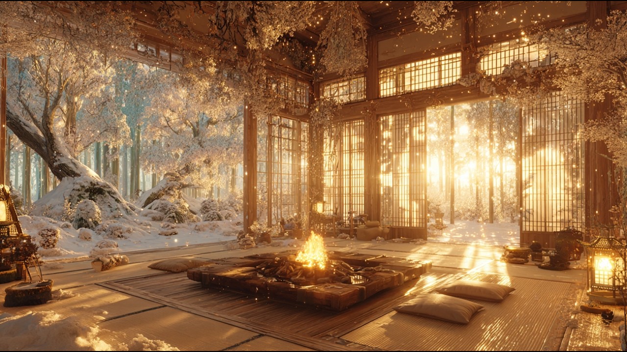 Study with Me in Japan: Winter Library Ambience, Soft Koto Music & Crackling Fire