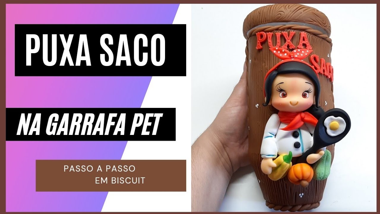 como fazer  puxa saco cozinheira em biscuit com garrafa pet