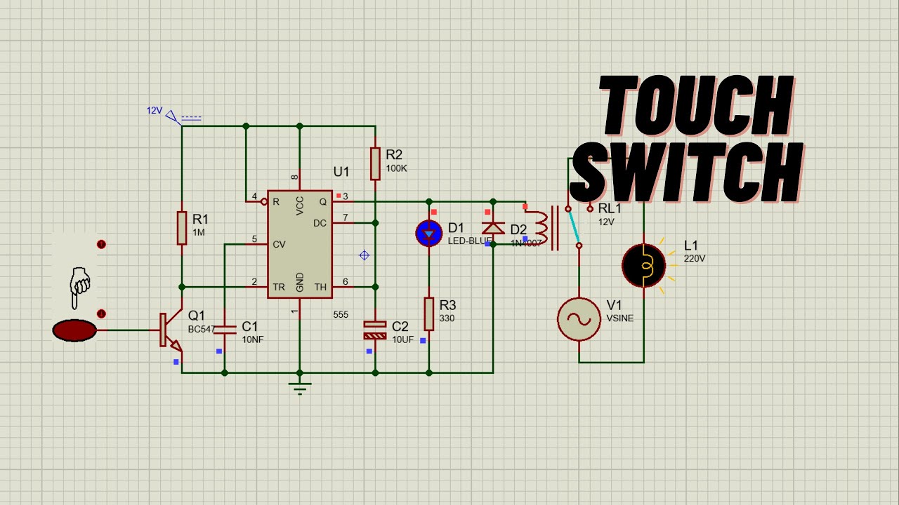 Touch Switch Circuit using 555 Timer | Relay Control for AC Load in Proteus Simulation