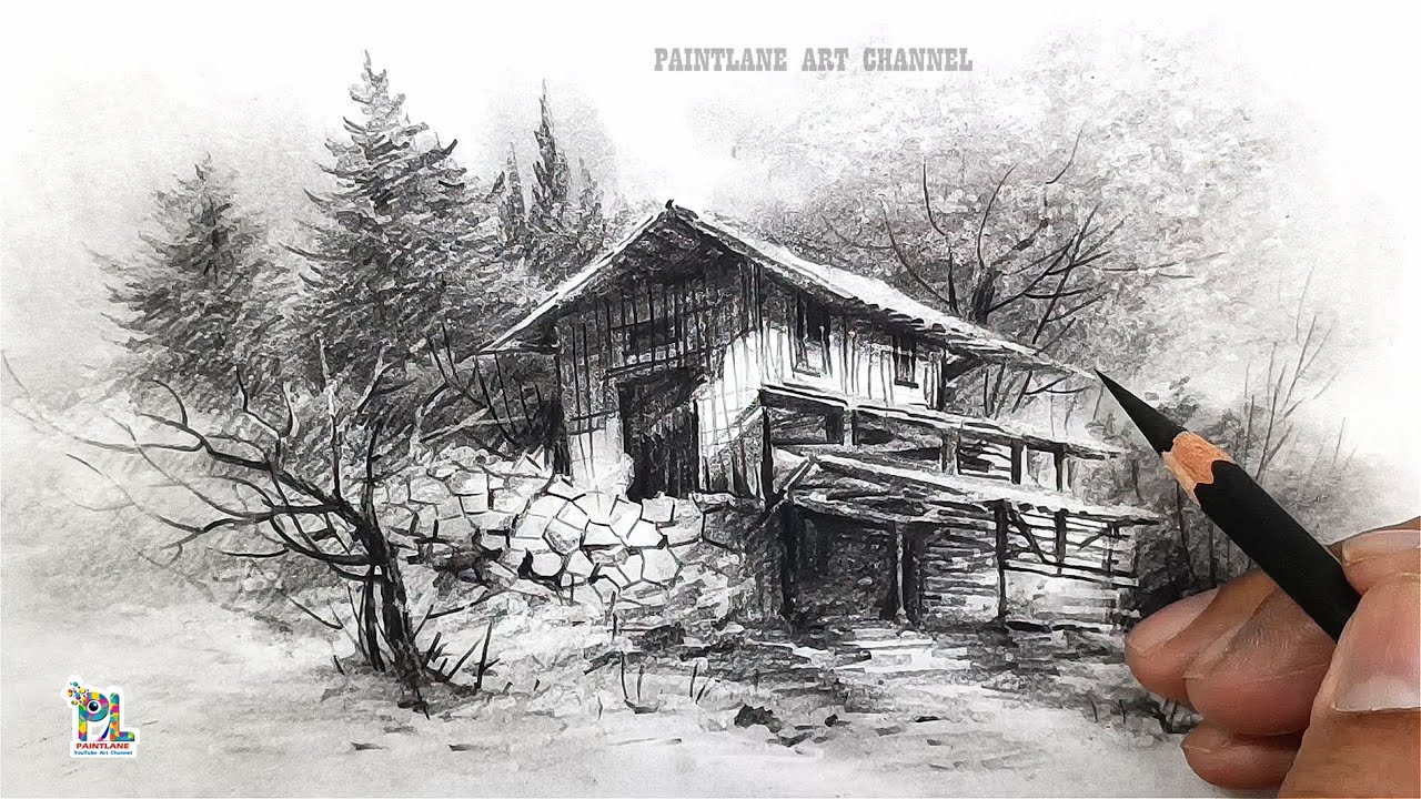 How to draw Charcoal Sketch of Old Wooden House | Realistic Landscape Drawing | Charcoal Pencil Art