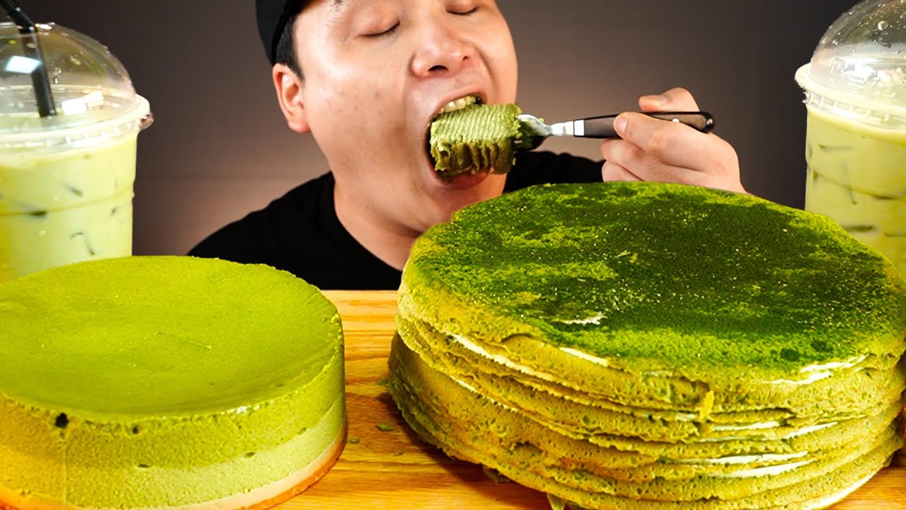 녹차케이크와 녹차크레이프케이크, 녹차라떼까지! 녹차특집 먹방~!! 리얼사운드  ASMR Mukbang(Eating Show)