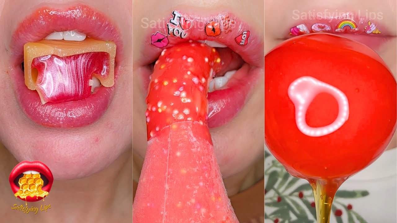 ASMR Satisfying Eating Red Foods Wax Candy Fondant Gummmy Balls Honey