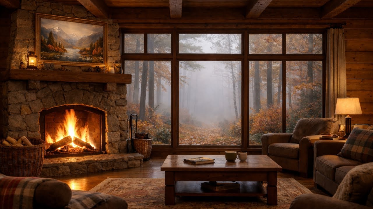 Peaceful Cabin Ambience 🍂 Cozy Fireplace & Foggy Autumn Forest