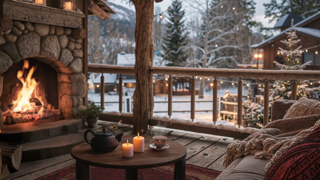 Cozy Winter Balcony Fireplace ❄️ Snowfall & Warm Tea by the Crackling Fire Ambience