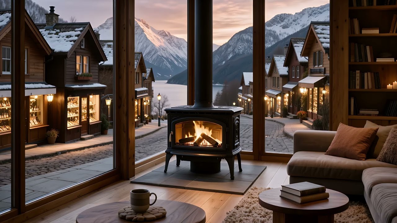 Cozy Mountain Village Fireplace Evening 🔥🏔️ | Snowy Street and Sunset Views for Rest and Relaxation