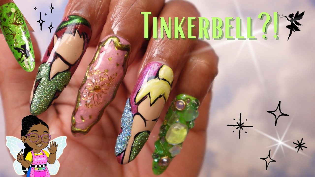 Disney Nail Art 💅🏽✨ Tinker Bell & Peter Pan Hand Painted Nails | Subscriber Requested 🧚🏾