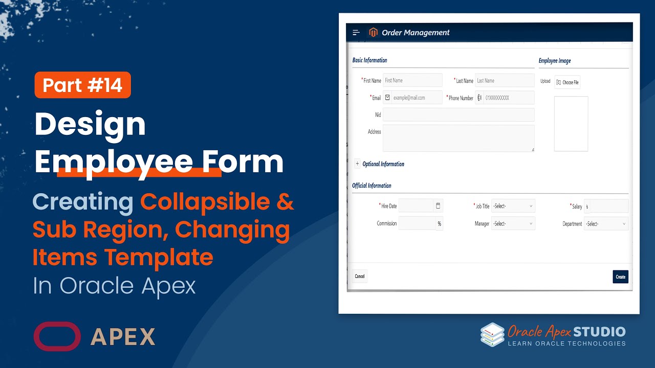 Oracle Apex 14: Design Employee Form - Creating Collapsible & Sub Region, Changing Items Template