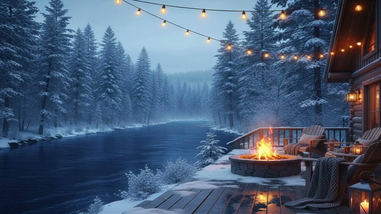 Peaceful Snowy Riverside: Crackling Fire & Morning Birds for Relaxation