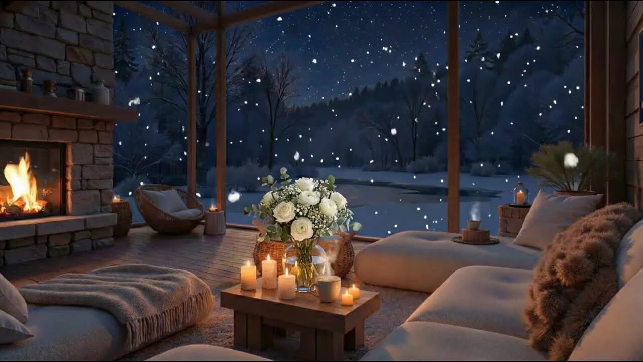 ❄️🤍 Peaceful White Lounge Piano | Cozy Fireplace & Snow Night 5 Hours | Relax Study Work Meditation