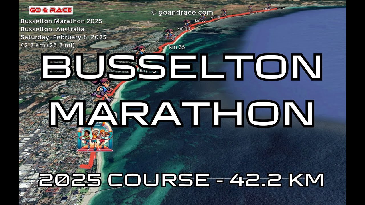 Busselton Marathon 2025: fly over the marathon course! Video of the race path.