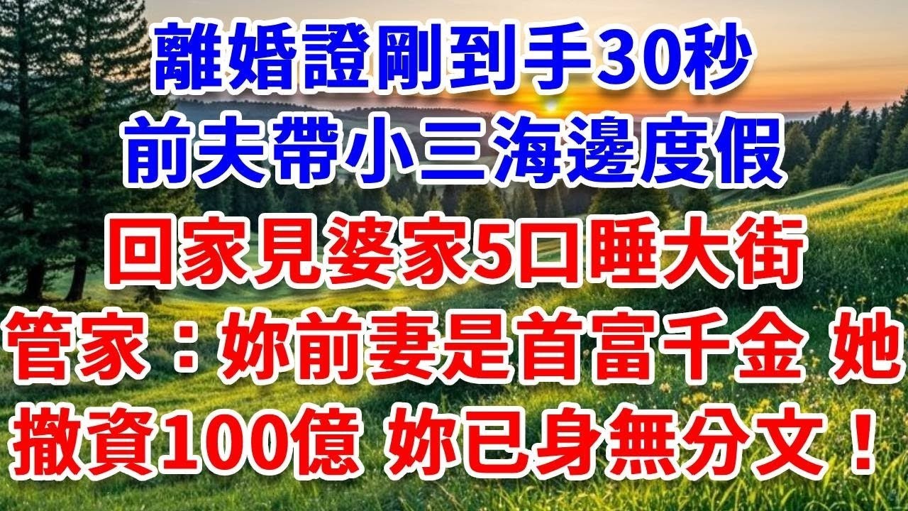 離婚證剛到手30秒，前夫帶小三海邊度假，回家見婆家5口睡大街，別墅管家：妳前妻是首富千金，她撤資100億，妳已身無分文！#詩涵講故事#為人處世#生活經驗#情感故事#晚年哲理#說故事#完結文#原創