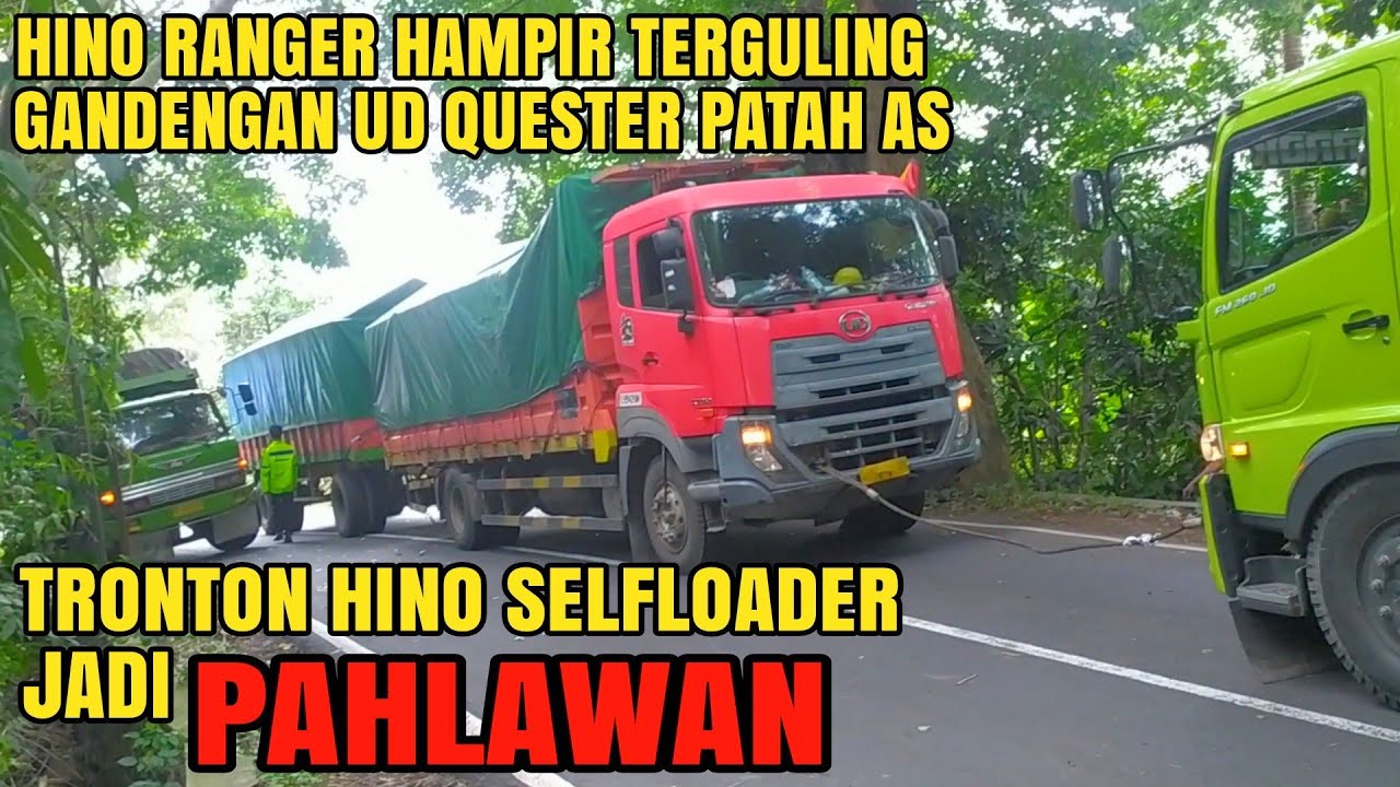 SULIT!! EVAKUASI TRUK GANDENGAN PATAH AS DAN HINO RANGER AMBLAS, TRUK SELFLOADER HINO JADI PAHLAWAN