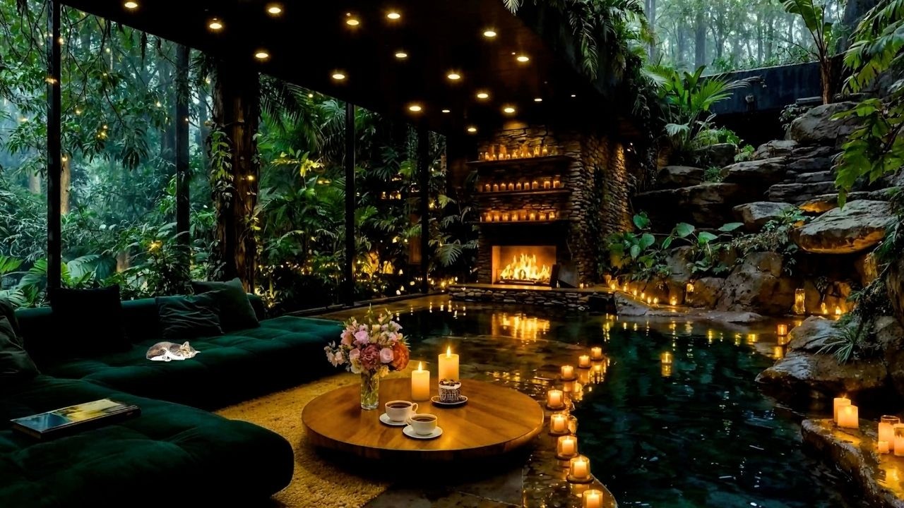 POV: A Peaceful Rainy Night in a Jungle Cabin ☕ Soft Jazz & Fireplace for Sleep/Study