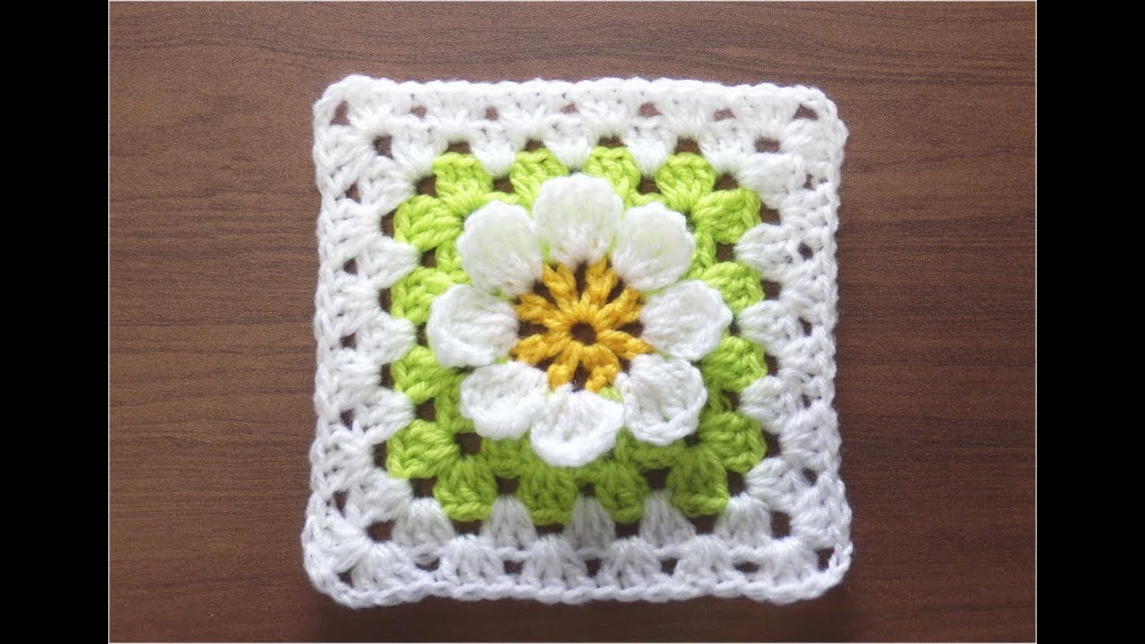 かぎ針編みの四角モチーフ ６ （３Ｄフラワー）　How to Crochet Motif  / Crochet and Knitting Japan