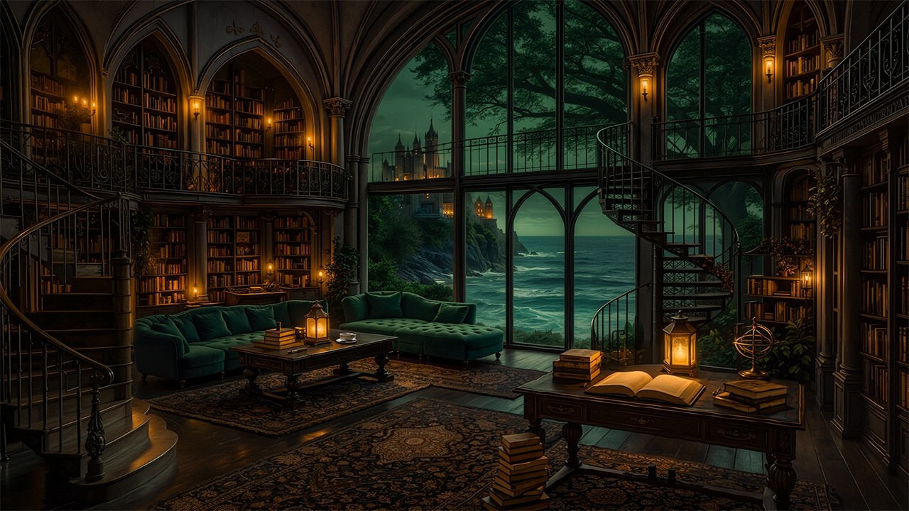 Gothic Library Overlooking the Ocean | Dark Academia Music for Study, Writing & Relaxation