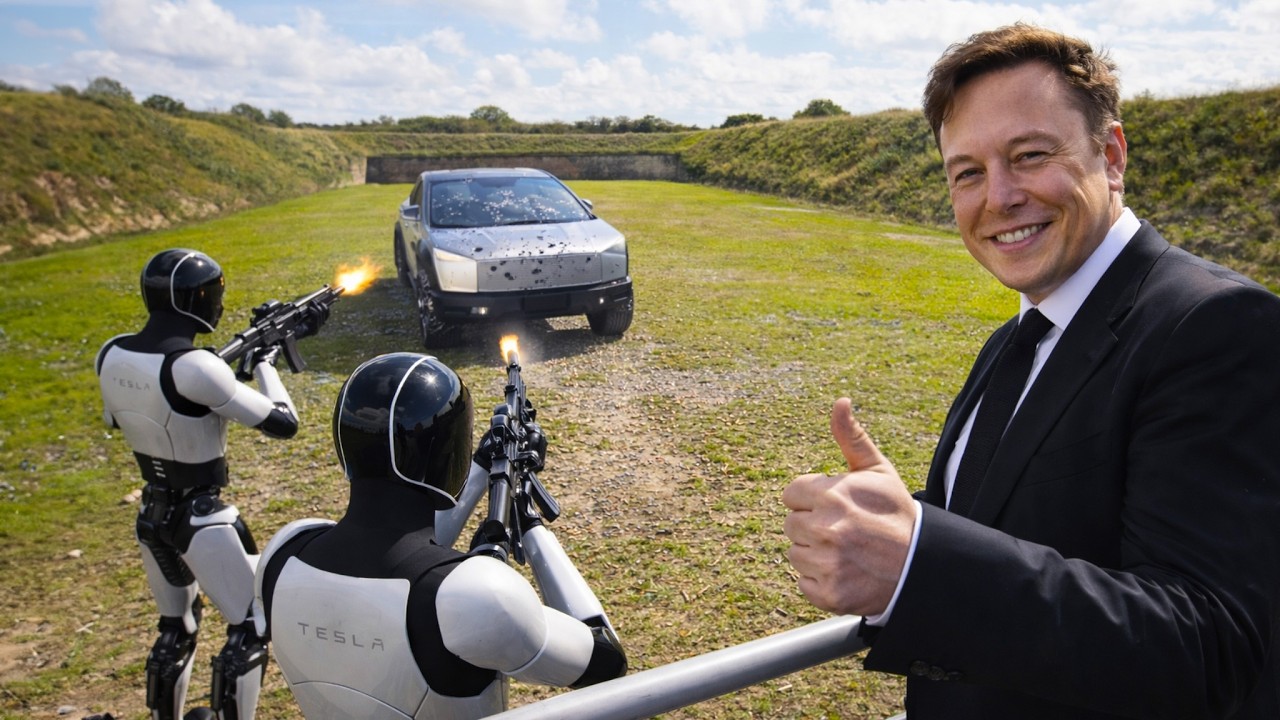 Tesla Robots Show Off Their Firepower on an Armored Cybertruck in Front of Elon Musk