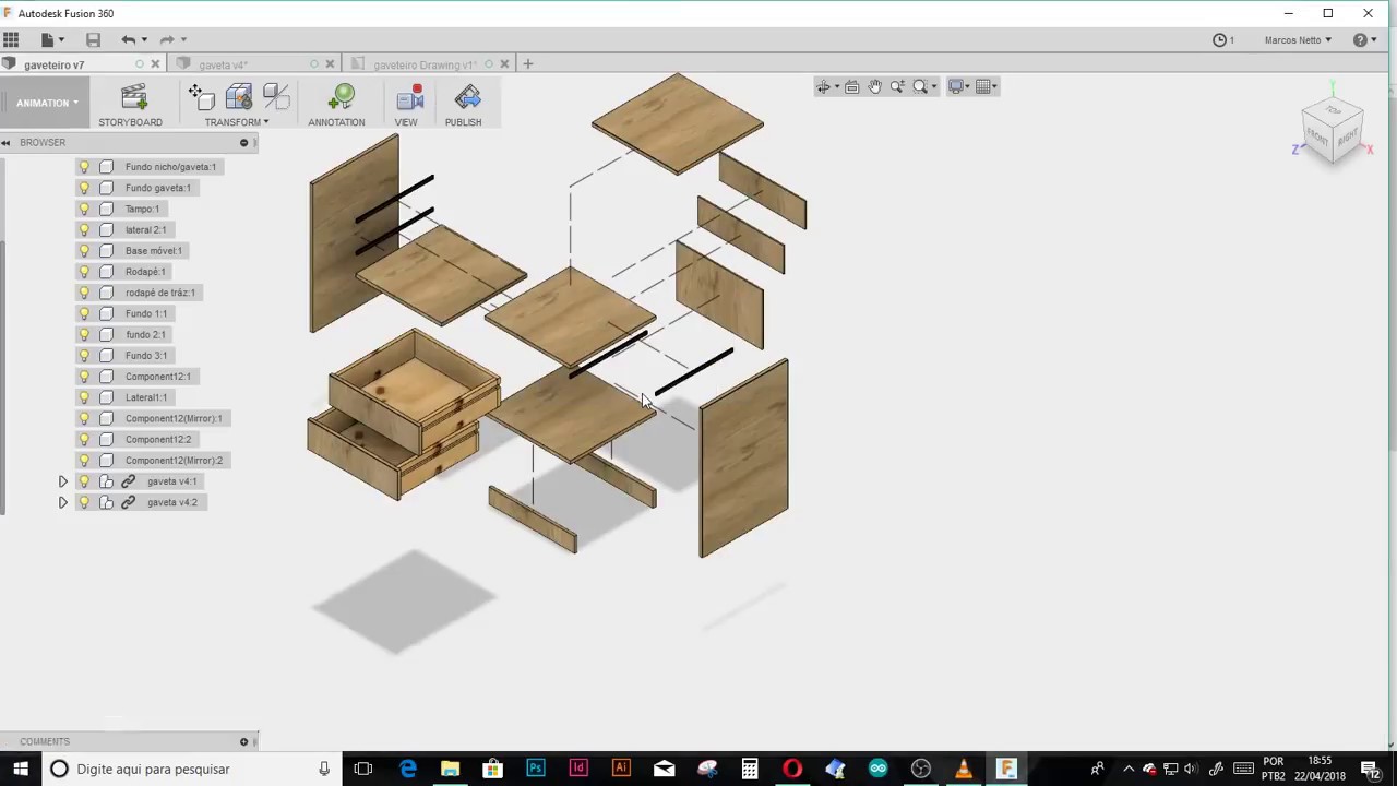 Fusion 360 - Móvel Gaveteiro: Vista explodida (animação)