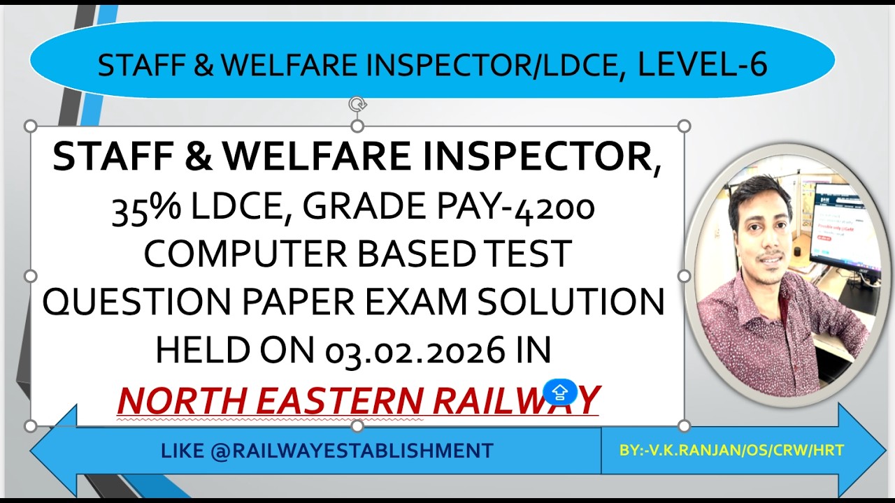 NORTH EASTERN RAILWAY STAFF & WELFARE INSPECTOR SOLVED QUESTION PAPER, FULL EXPLANATION MUST SEE IT.