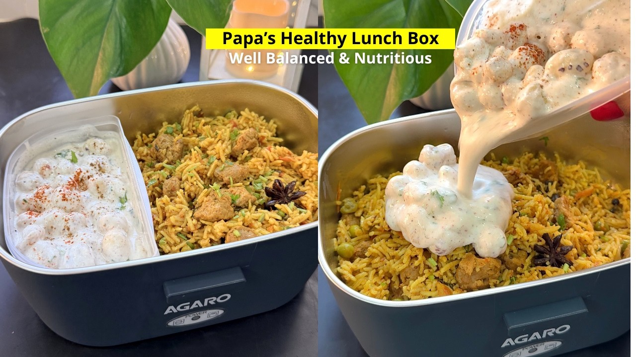 Papa’s High Protein Lunch Box | Soya Tomato Rice With Makhana Raita  | Tiffin Ideas | Agaro Lunchbox