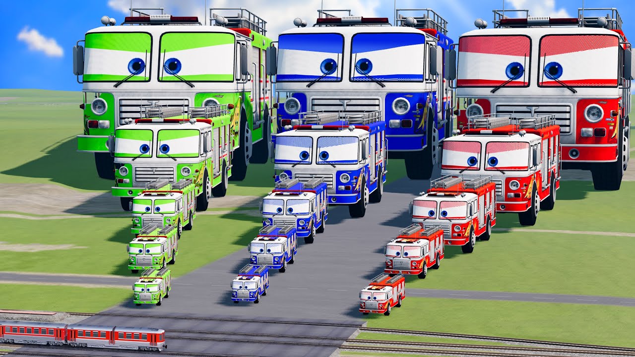 Big & Small Red Fire Truck Mcqueen vs Blue Fire Truck Mcqueen vs Green Fire Truck Mcqueen vs Trains