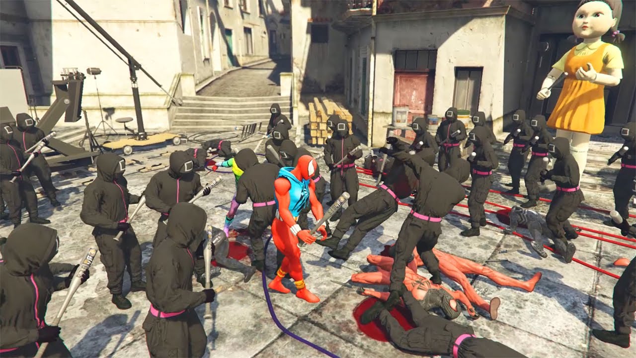 GTA 5 - Spider Man, Super Hero Spider Man, Team Spiderman vs Team Squid Game