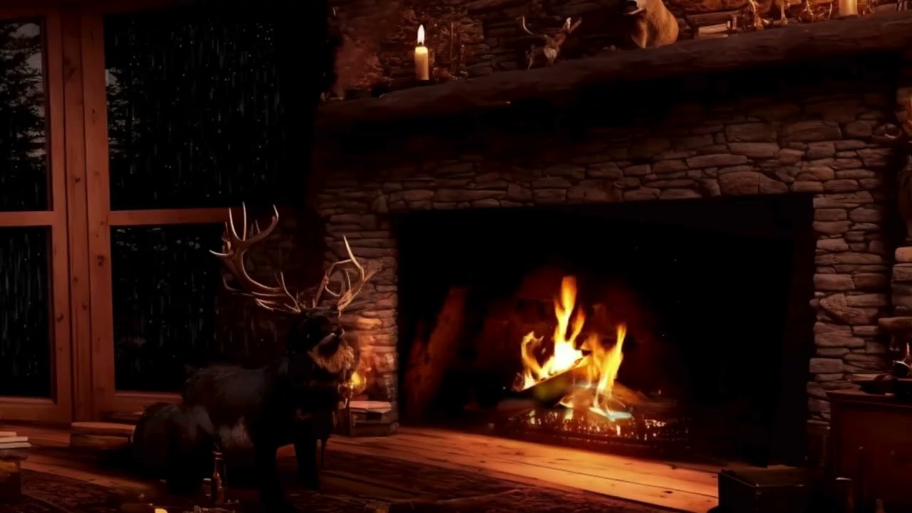 4K 🌙 Kaminfeuer im Holzhaus – Regen draußen, Wärme & Geborgenheit 🔥🌧️