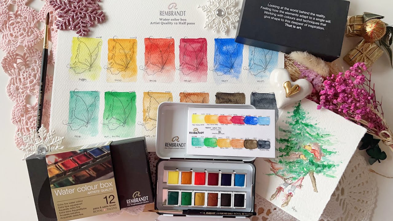 Rembrandt Watercolors Box Artists Quality Set 12 halfpans & sable brush + Live Swatching & Painting