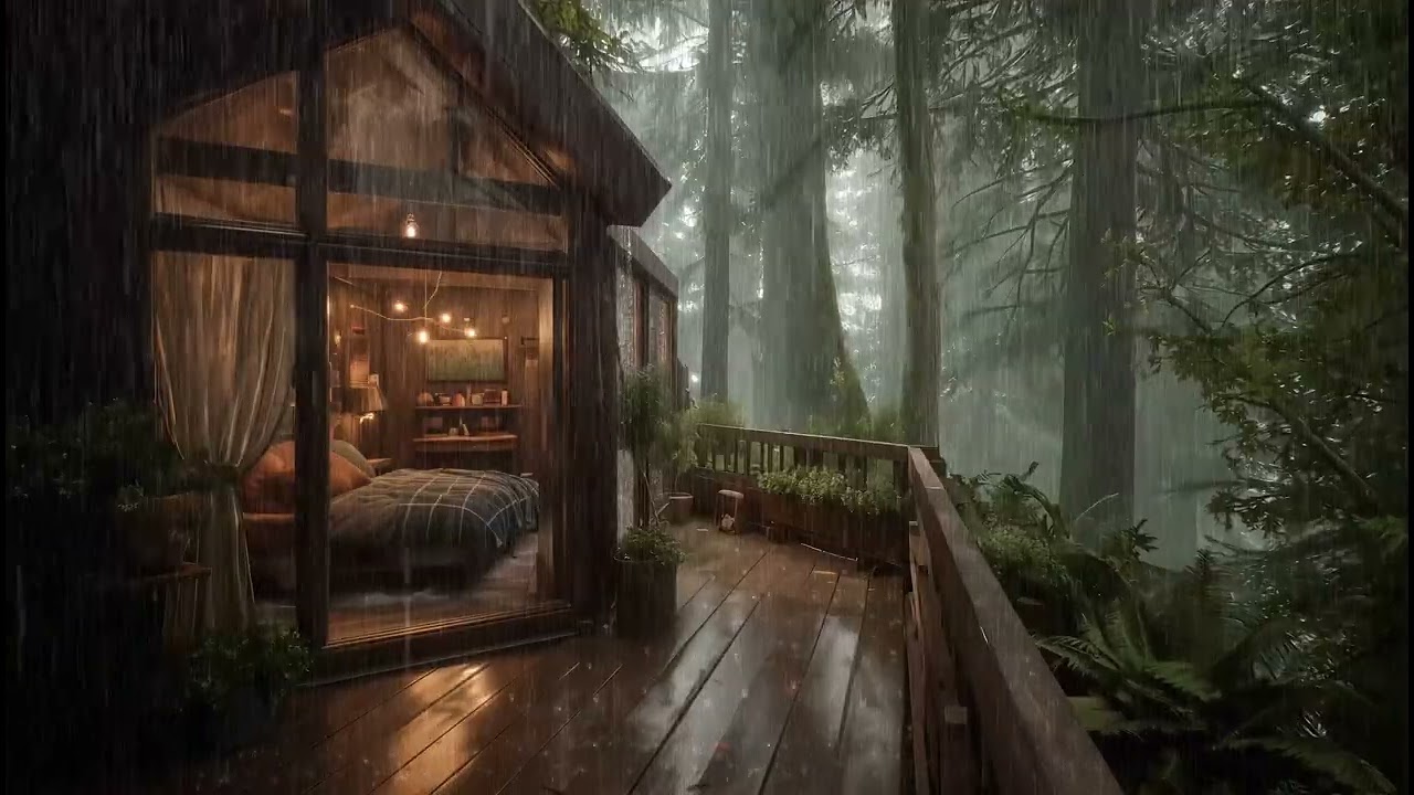 Дождь, падающий на крышу хижины в лесу 🌲 | Атмосфера дождя для глубокого сна