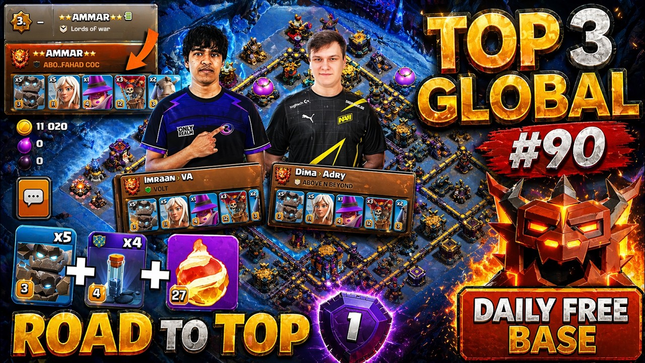 ATTACKING the TOP 3 Player in the Ranked Mode😣|  FREE TH18 BASE LINK | Daily Ranked Attacks #90