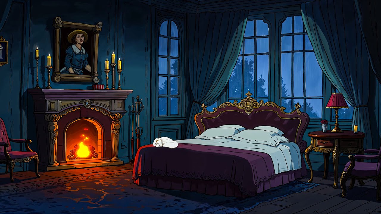 vintage oldies playing in another room and it's raining for unwind (crackling fireplace)