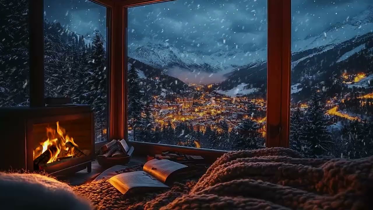 Nuit d’Hiver dans une Cabane Chaleureuse avec Feu Crépitant et Neige pour Sommeil Paisible