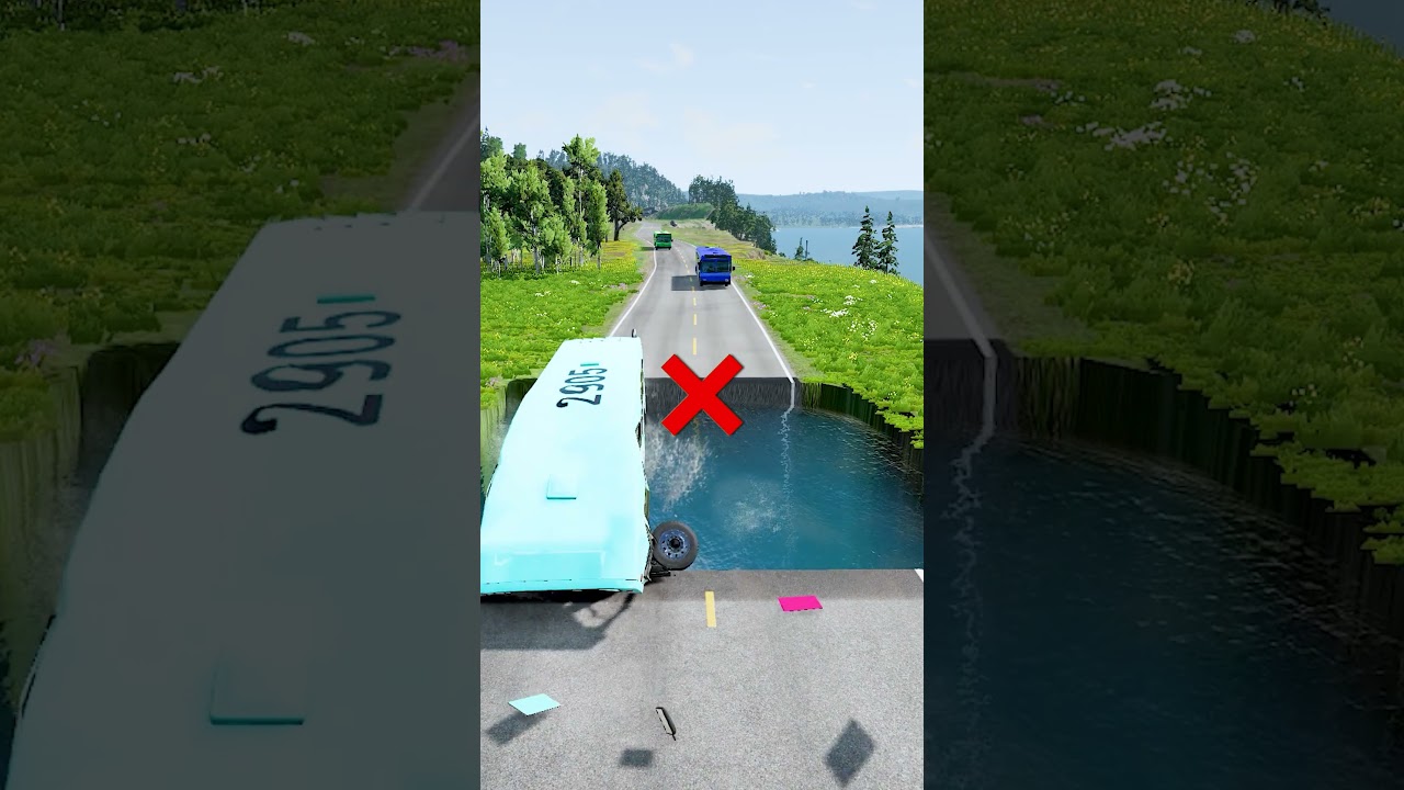 Bus vs massive water pit #77 #tankertruck #monstertruck #buscrash #carcrash #color