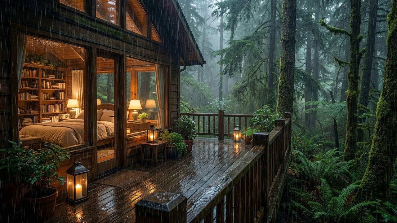 Soul Comfort: Rain on Cabin Roof & Piano in Cozy Bedroom for Instant Sleep and Relax ⛈️