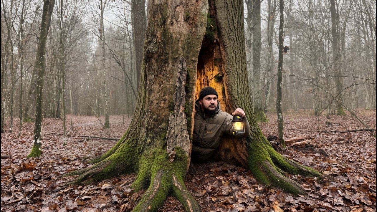 Building a Survival Shelter Inside a Tree | Bushcraft Survival