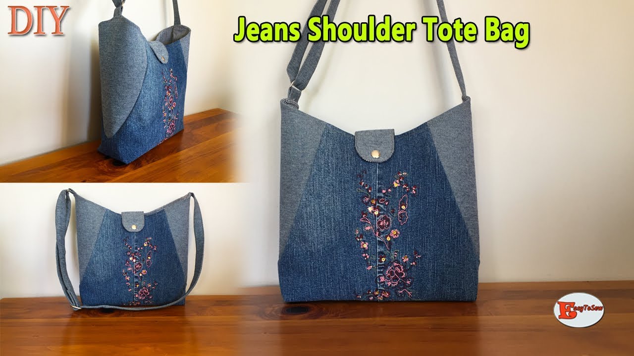 DIY JEANS SHOULDER TOTE BAG | JEANS TOTE BAG | DIY BAG OUT OF OLD JEANS | BAG SEWING TUTORIAL