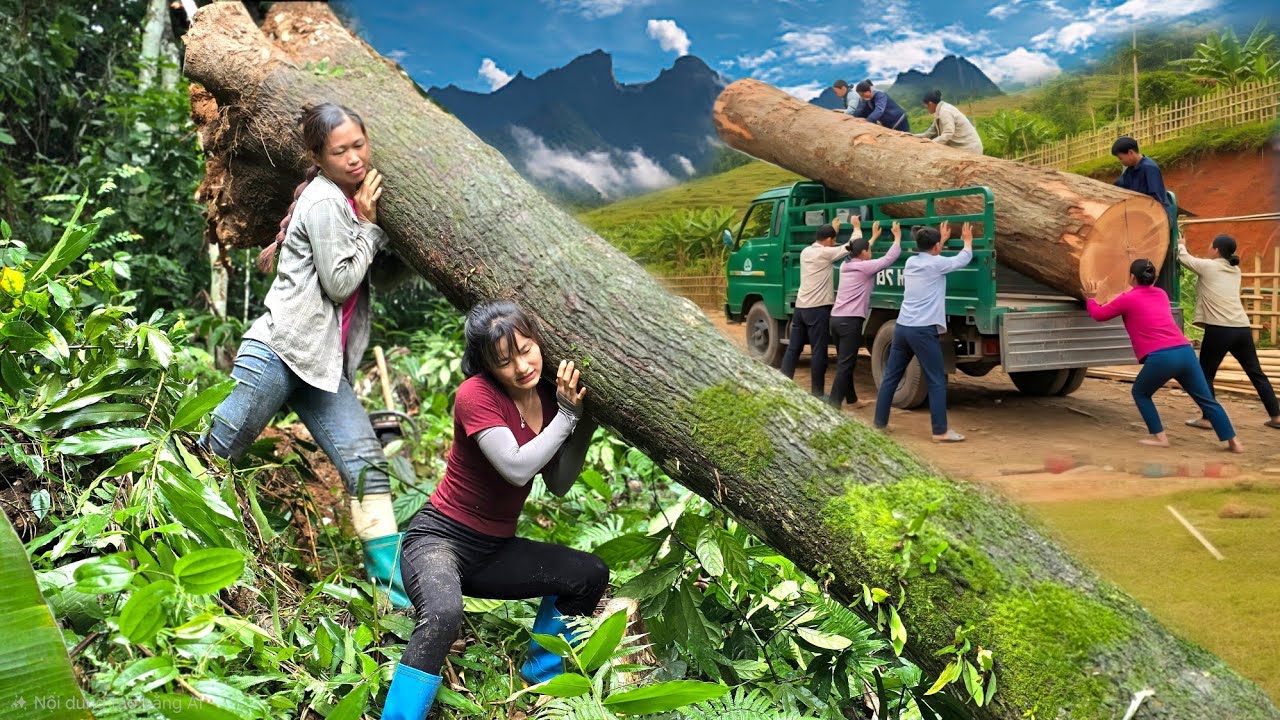 Agricultural vehicle, two girls harvesting giant timber on dangerous cliffs.#wood #girl #truck #farm