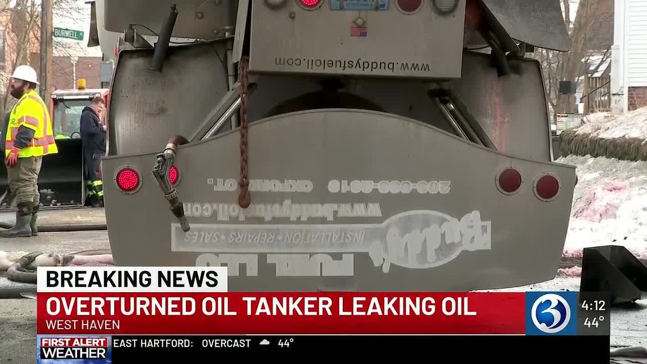 Oil tanker rolls over on Forest Road in West Haven, spilling oil into West River