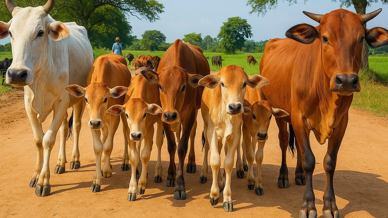 Kerumunan Sapi Lucu Berjalan menuju Ladang rumput, Suara Sapi Moo, Sapi Makan rumput Di Ladang Hijau