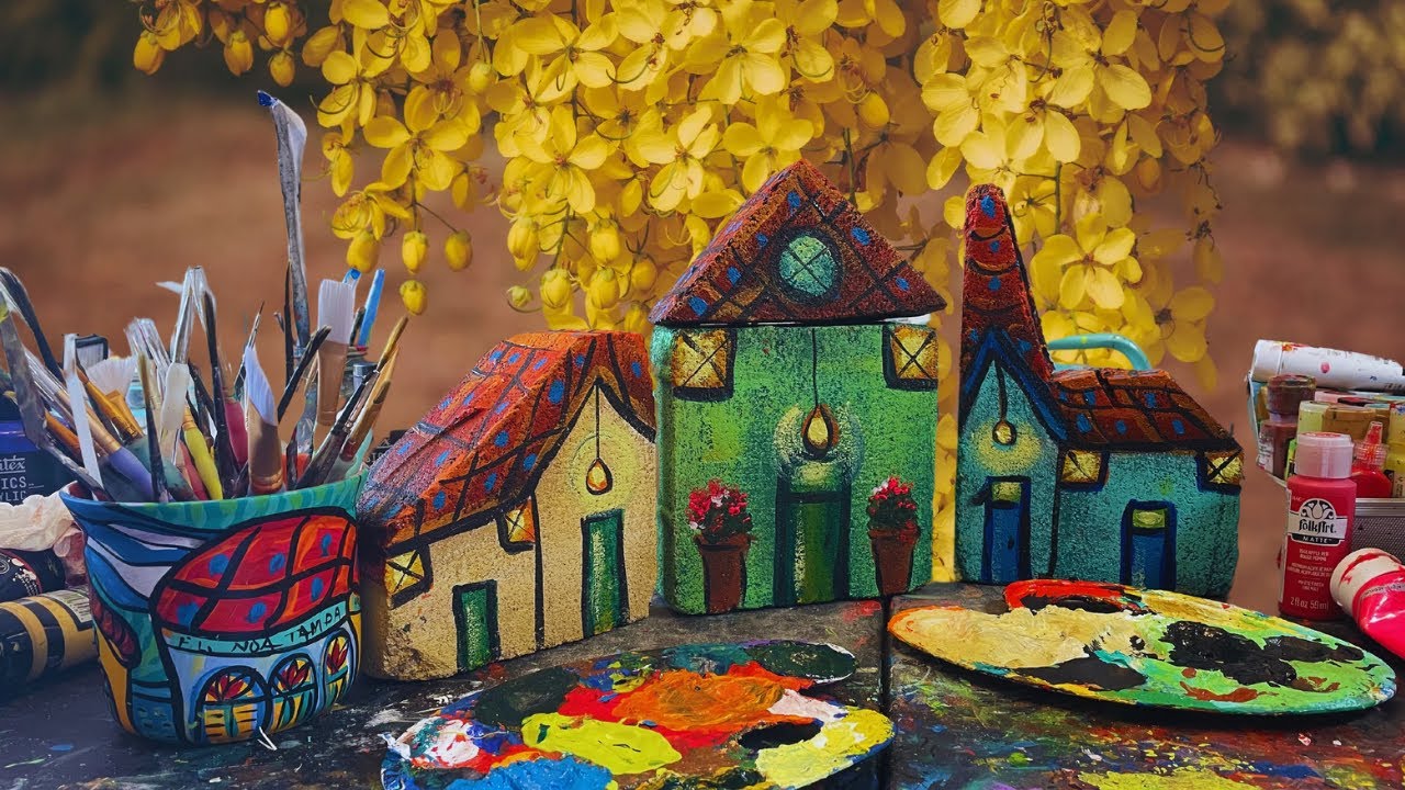 Como pintar casitas en piedras para decorar el jardín. tutorial paso a paso