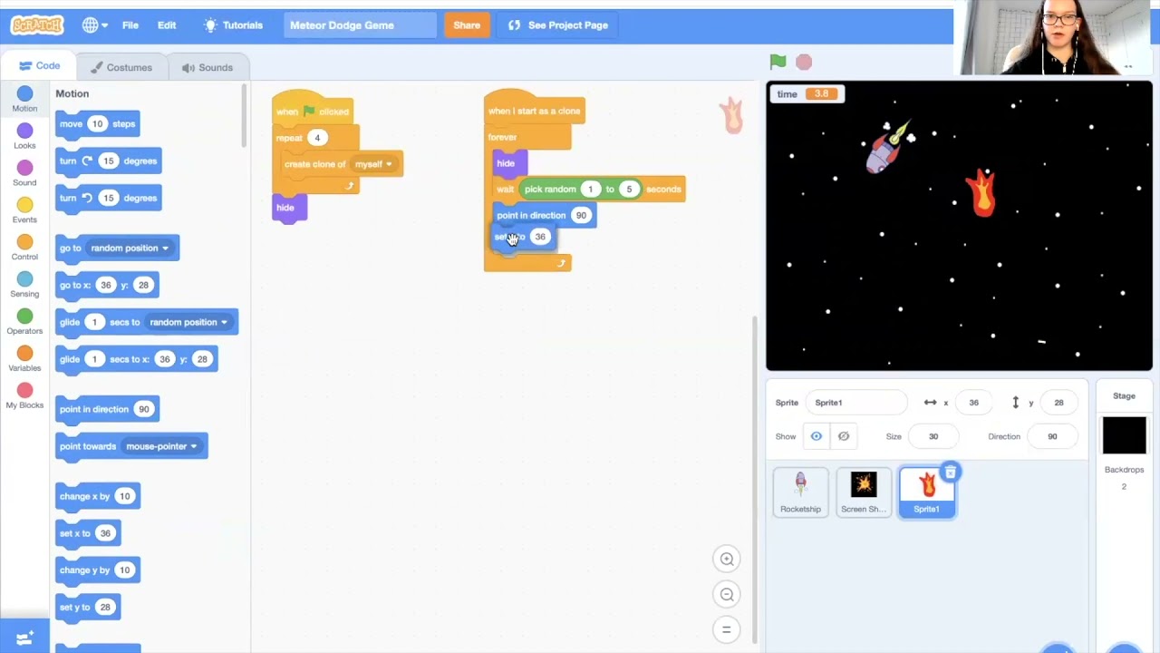 Best Scratch Coding Projects for kids and teenagers: Meteor Dodge Game