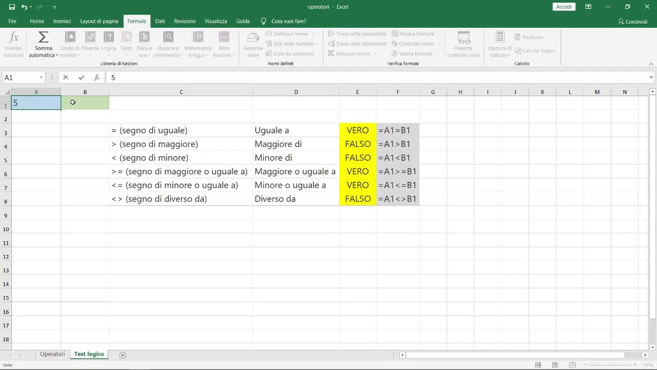Excel - Operatori di confronto e test logici