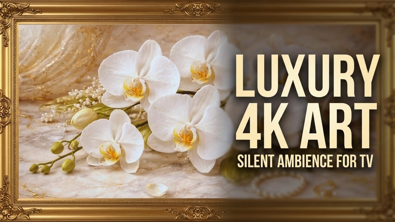 Pantalla de Arte 4K | Flores Luxury con Marco Dorado | Completamente Silenciosa