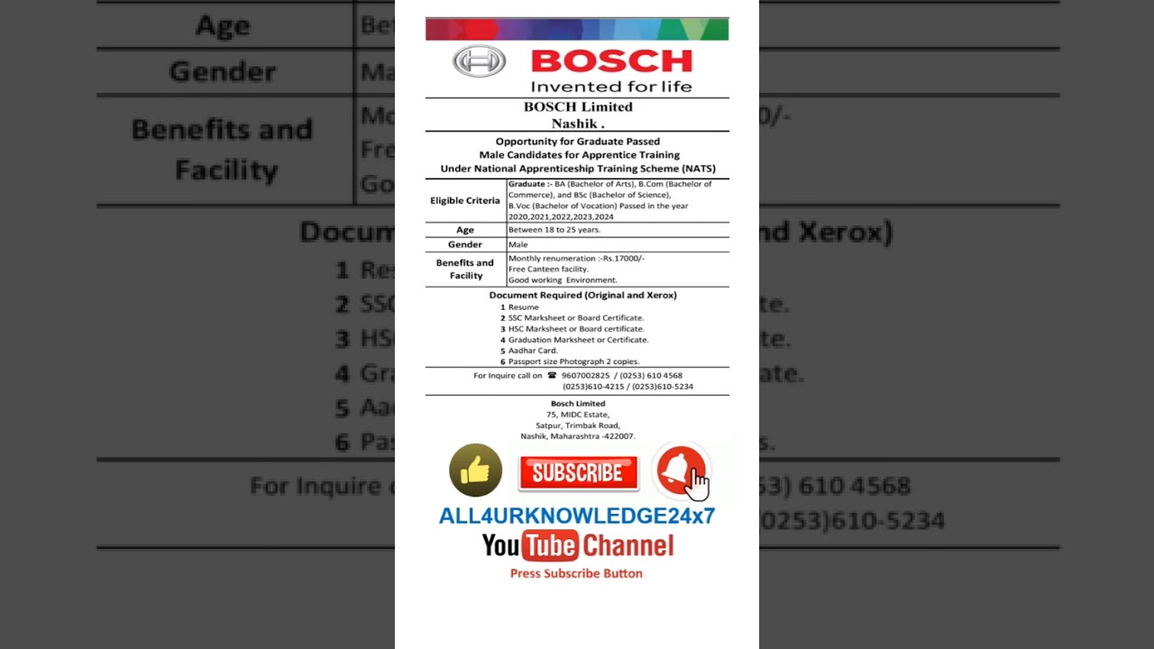 BOSCH Invented for life BOSCH  Limited Nashik . | @all4urknowledge24x7 #job #exam #shorts #video